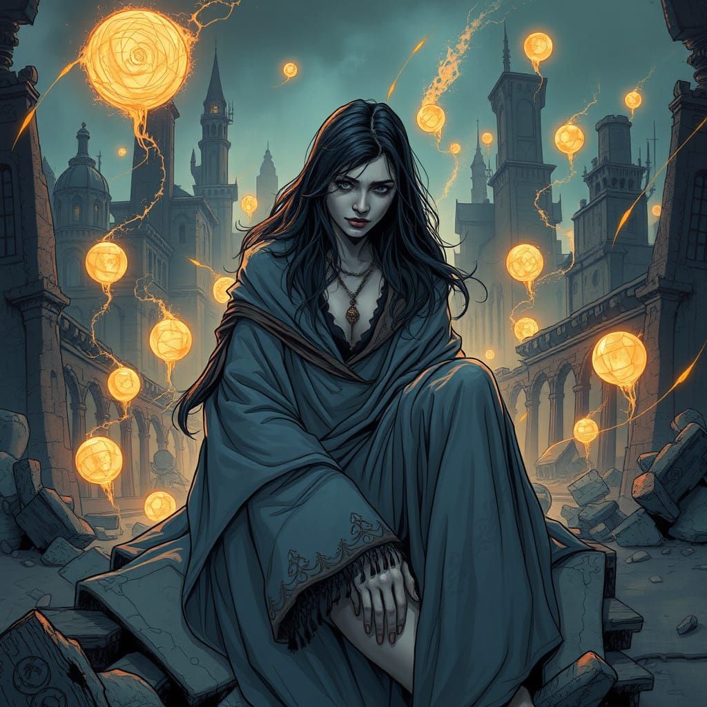 Mysterious Woman in Ruined Cityscape Comic Art