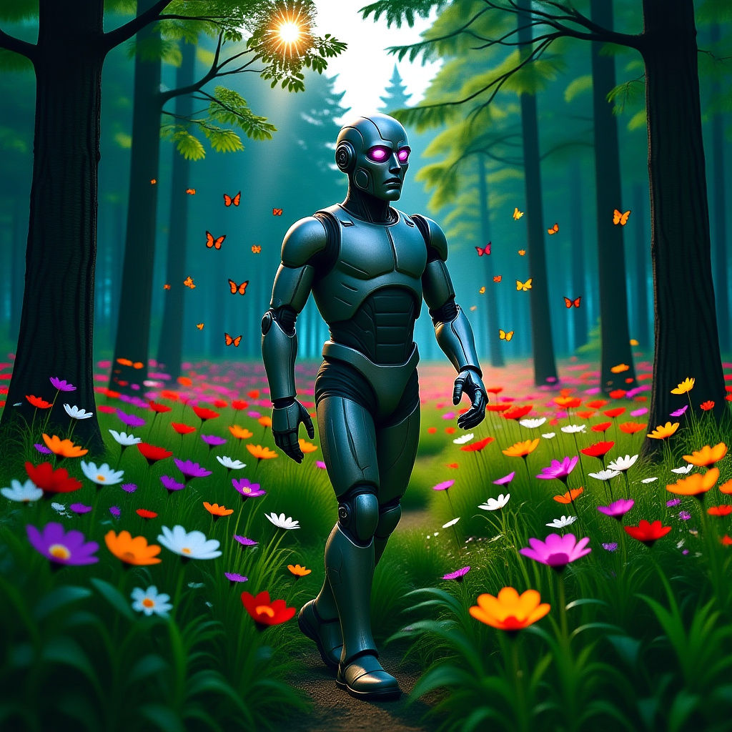 Holographic Forest Meadow Pixelating to Reveal Metallic Wall