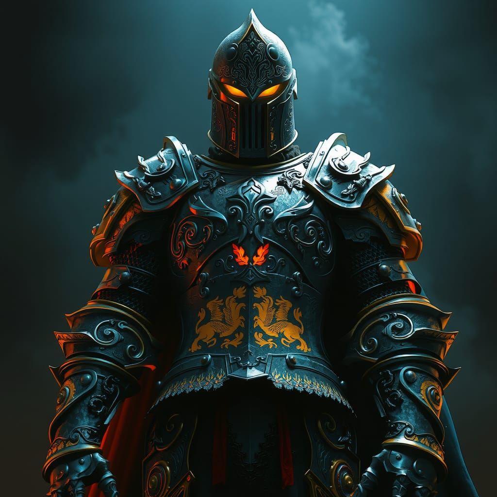 Ominous Knight in Detailed Armor with Luminous Swirls
