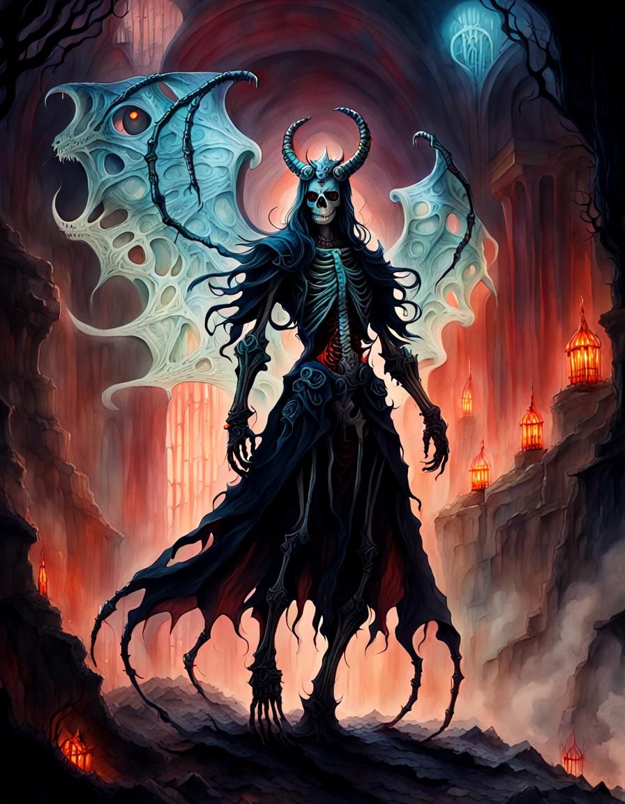 Hellish Skeleton Demons in Gothic Watercolor Art