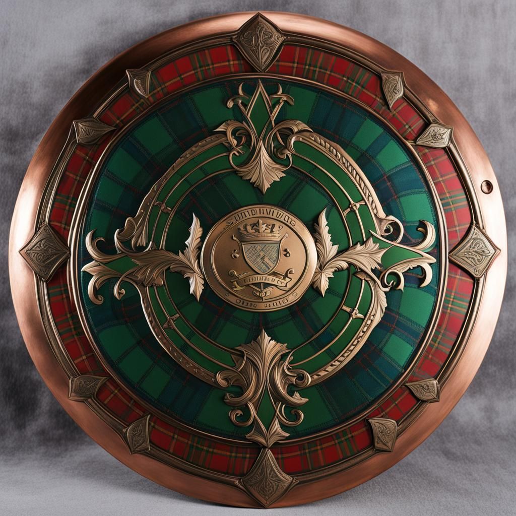 Ornate Copper Shield with Family Crest and Tartan