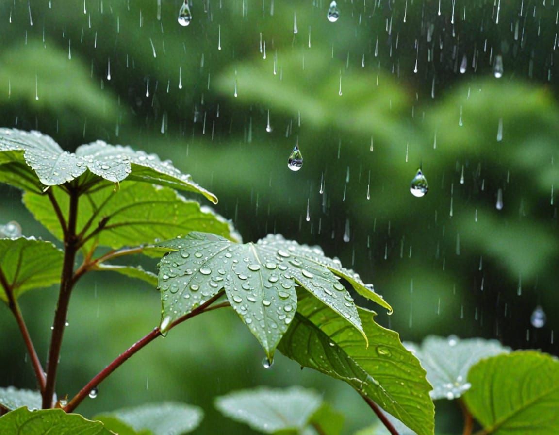 Vibrant Watercolor Painting of Raindrops Falling on Greenery