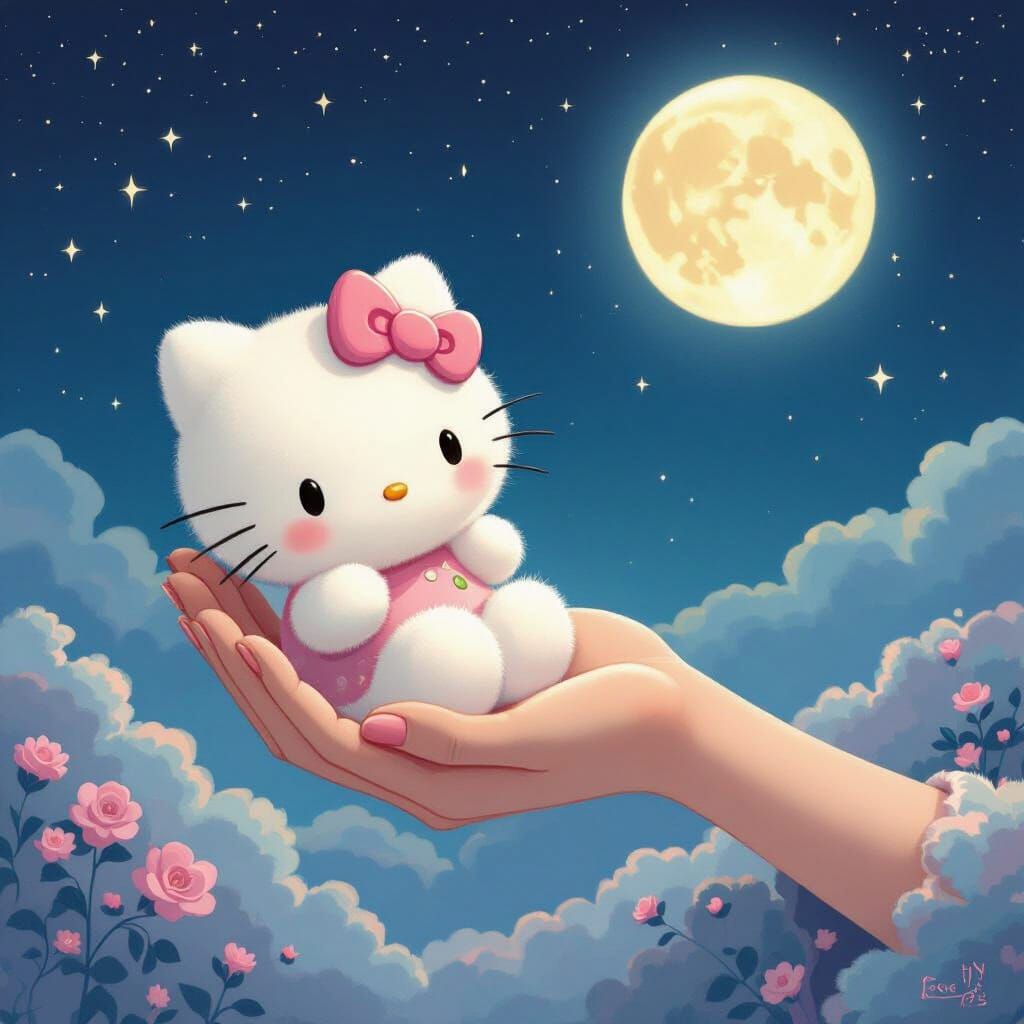 Hello Kitty in Moonlight: Whimsical Pastel Art