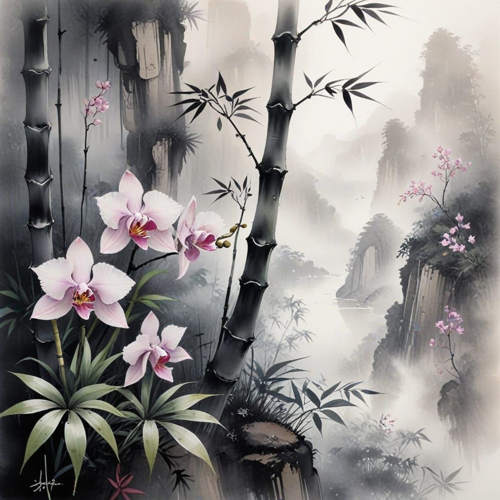 Bamboo Forest and Orchid in Suibokuga Style