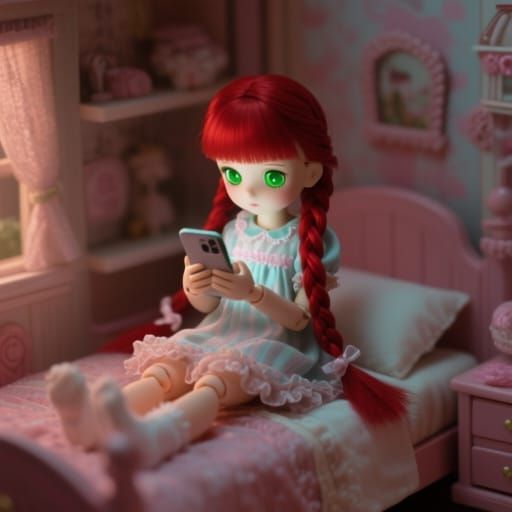 Japanese Doll in Dollhouse Bedroom
