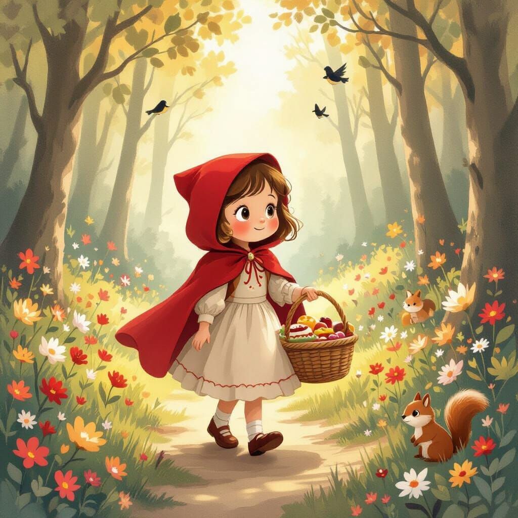 Red Riding Hood in Enchanted Forest, Whimsical Art