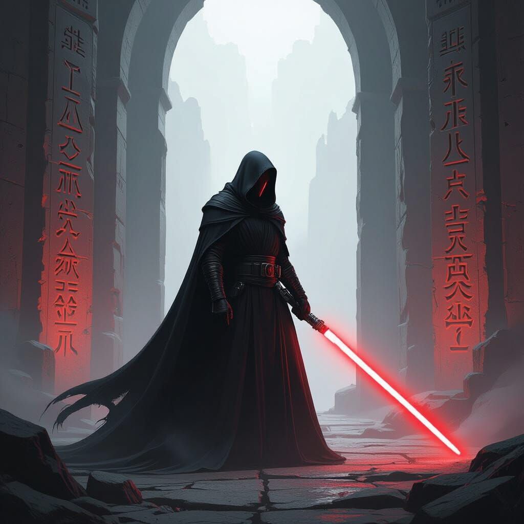 Sith Lord in Dark Temple with Crimson Lightsaber