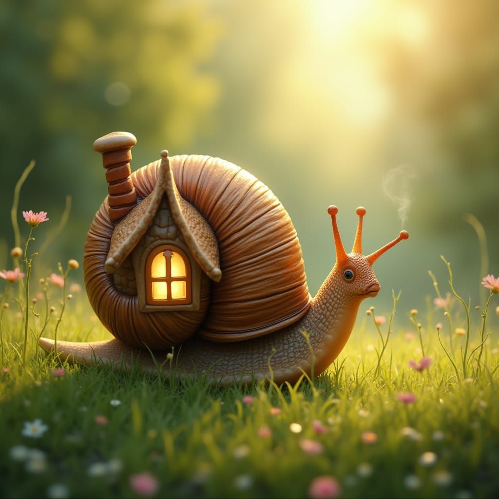 Whimsical Snail House in Golden Hour Meadow