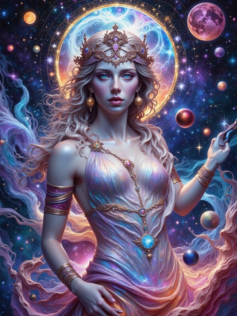 Greek Goddess Amidst Cosmic Haze in 1970s Airbrush Style