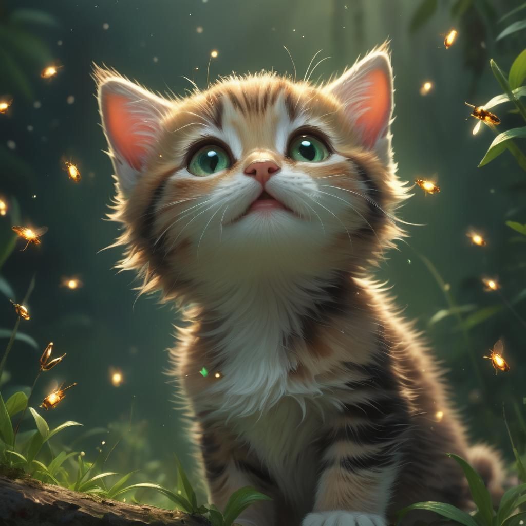 Cute Kitten Admires Fireflies in Fantasy Illustration