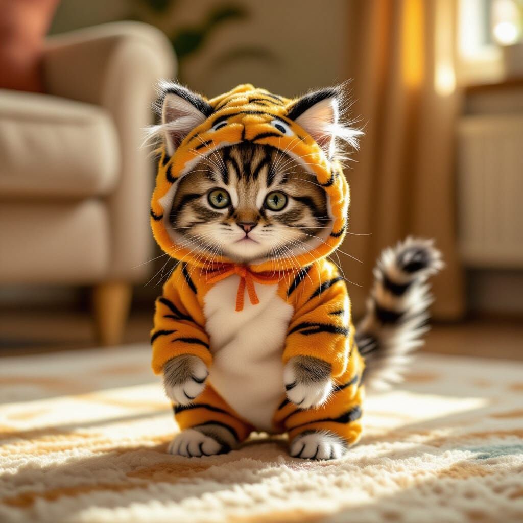 Fluffy Kitten in Tiger Costume Storybook Illustration