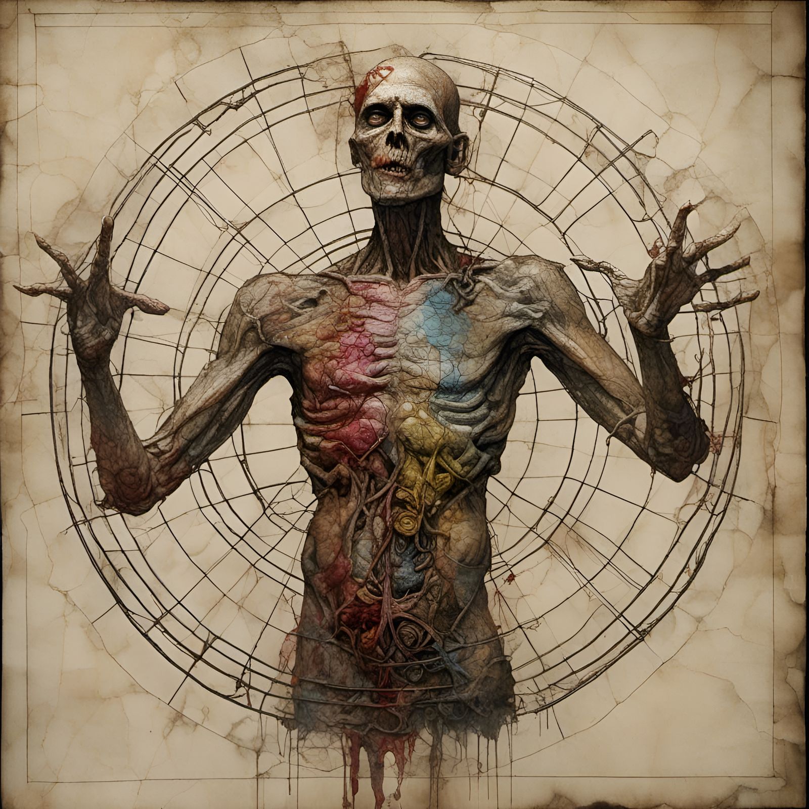 Photorealistic Zombie as Vitruvian Man in Alcohol Ink