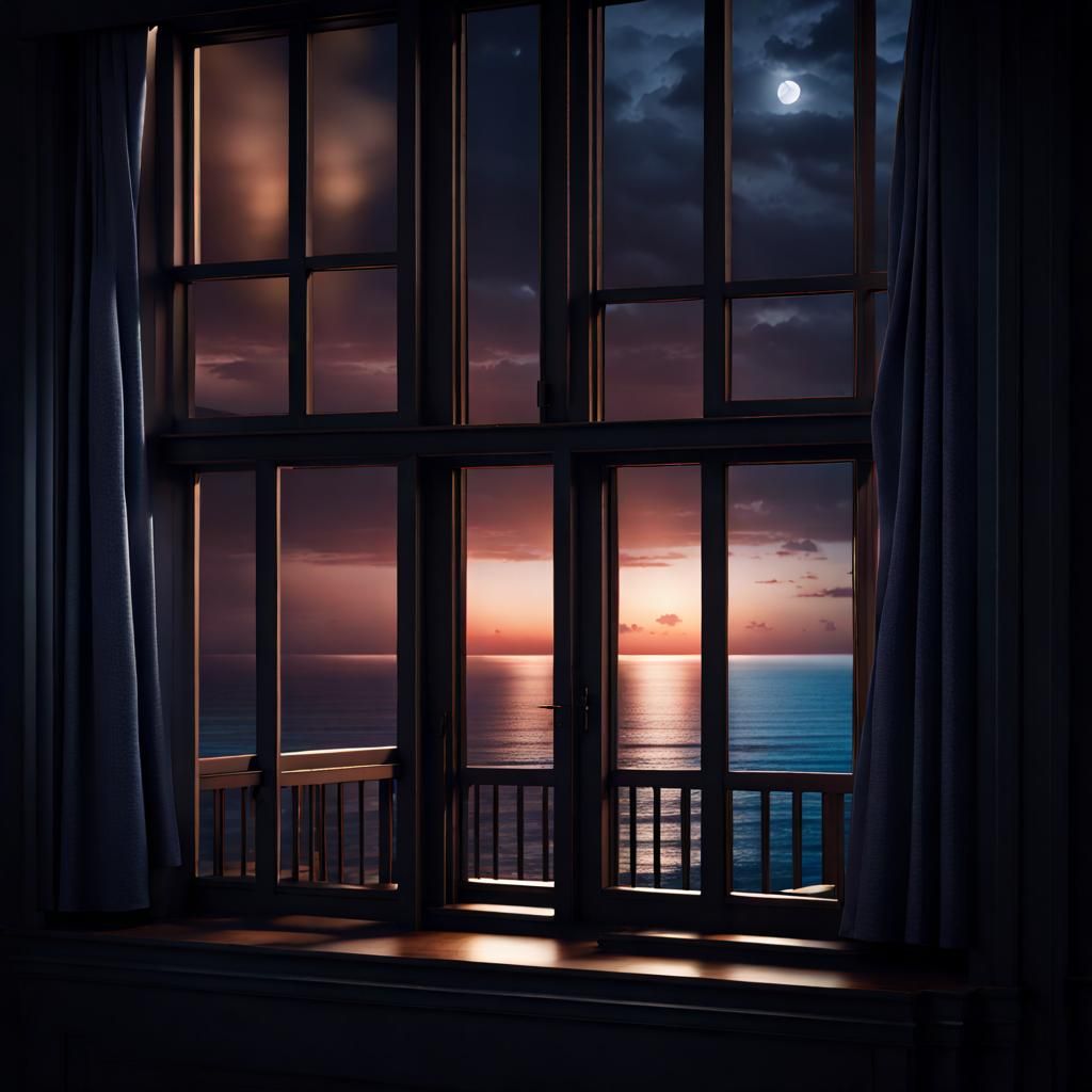Night Beach View from Hotel Balcony: Matte Painting
