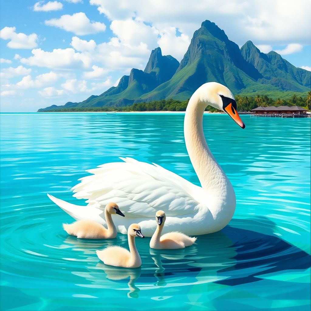 Swan Family at Bora Bora in Cubist Art Deco Style