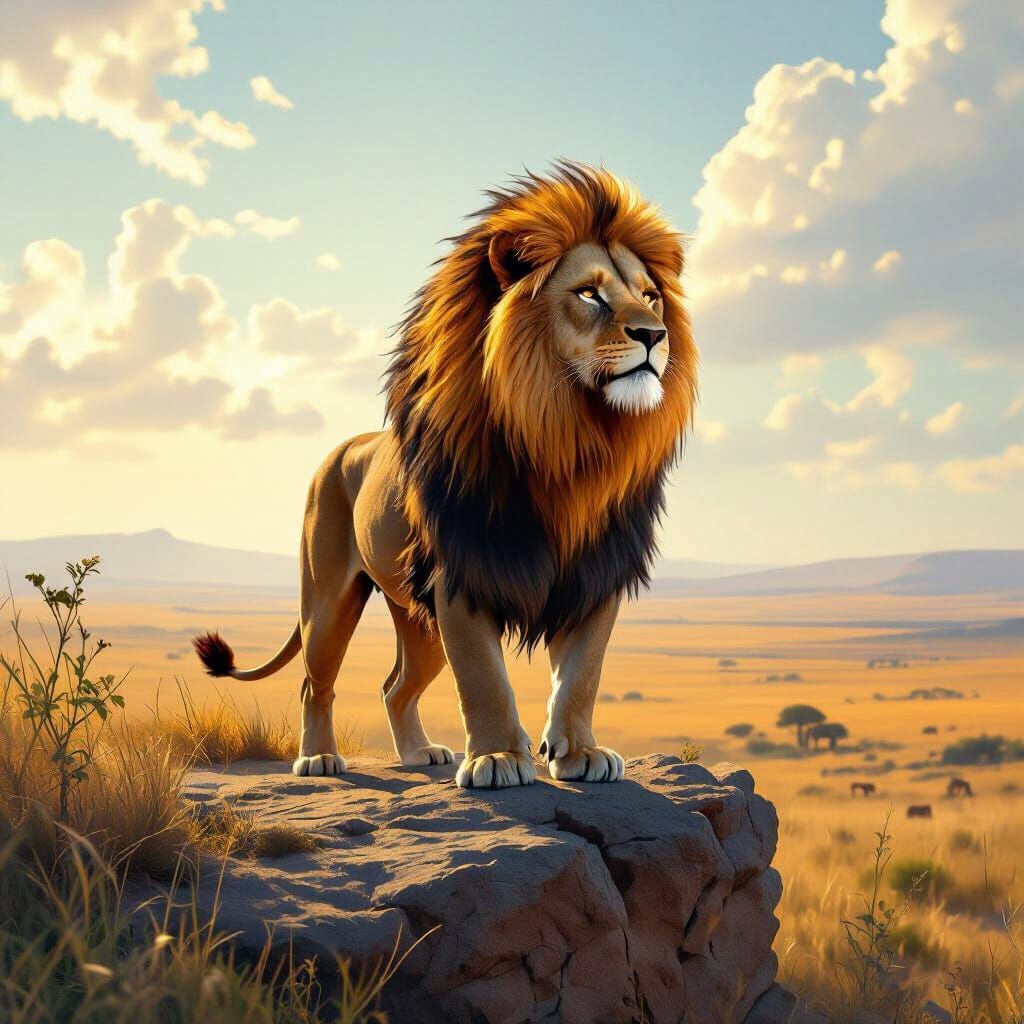 Lion with Fiery Mane Overlooking Savanna