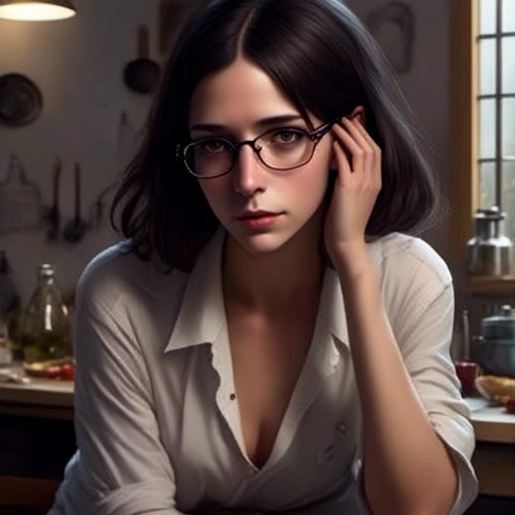 Tired Woman in Kitchen: Hyperrealistic Splash Art