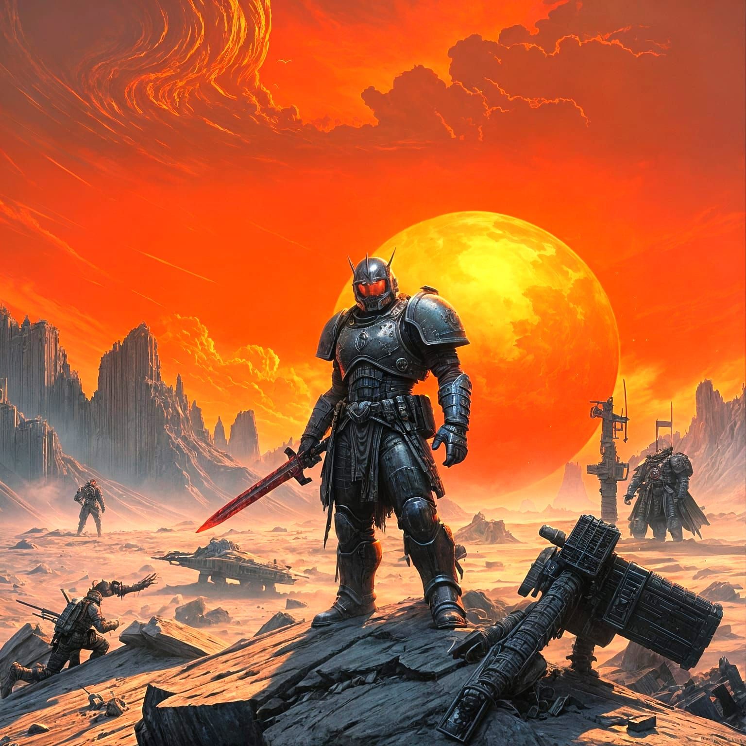 Warrior Silhouetted on War-Torn Planet