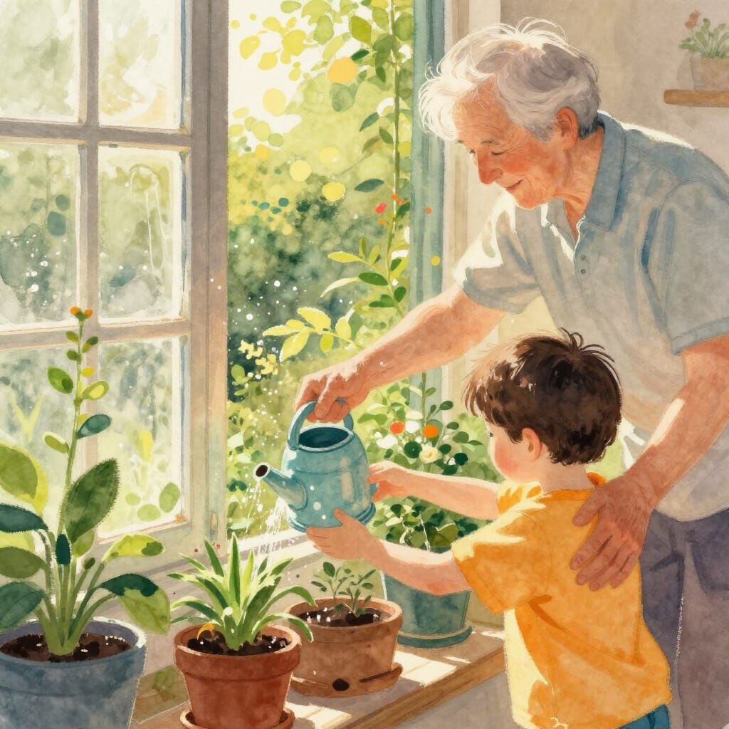 Generations Connect Watering Plants in Sunlit Garden
