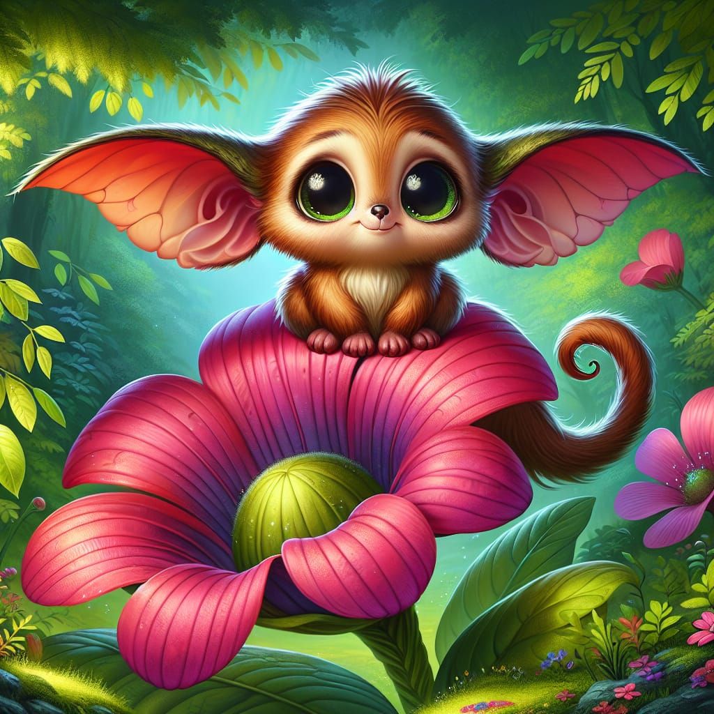 Whimsical Forest Creature on Flower: A Digital Painting