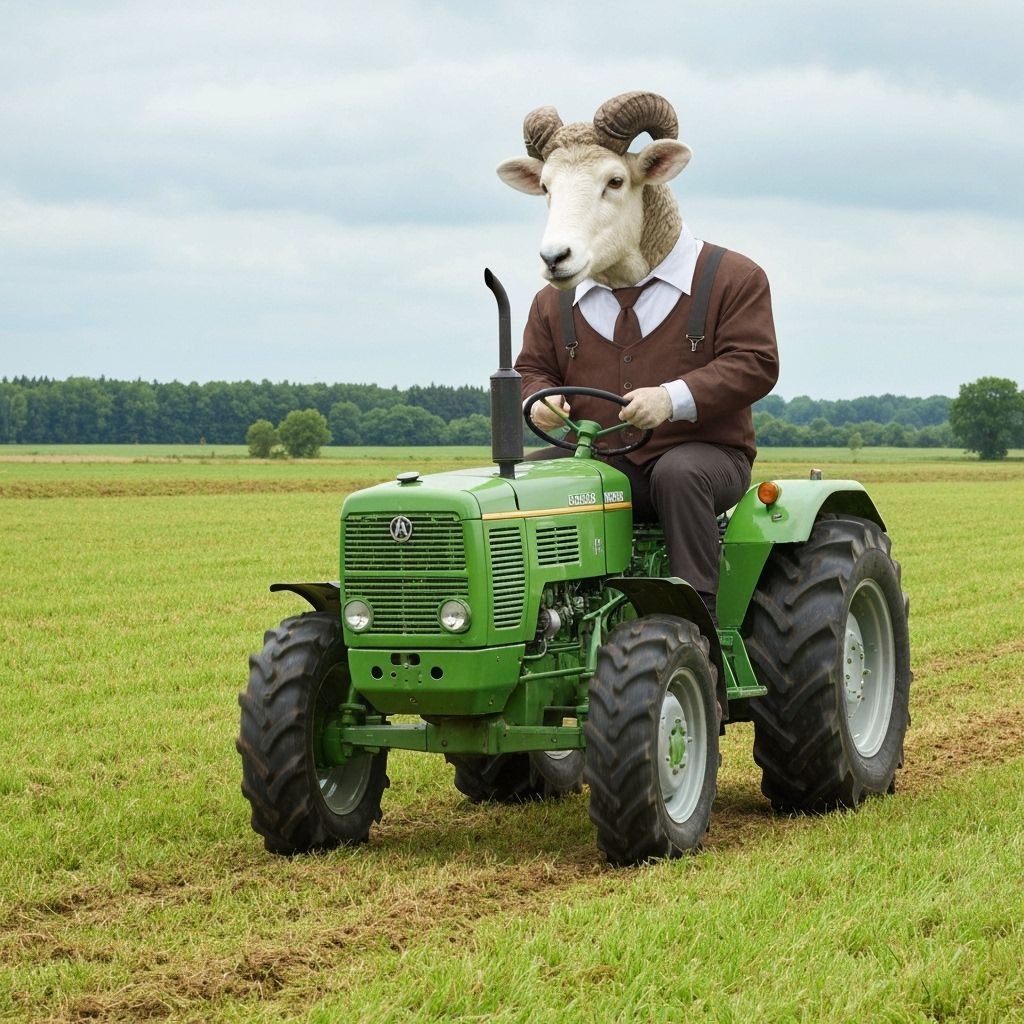 Sheep Farmer Drives Tractor Through Wheat Field