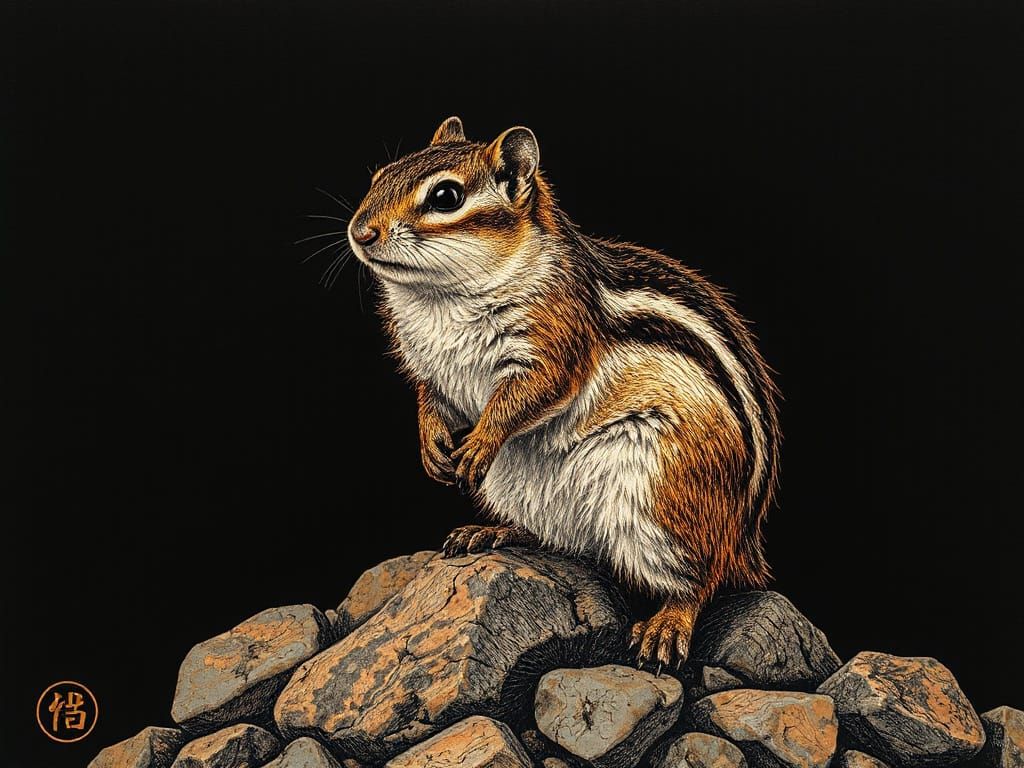 Elegant Chipmunk Portrait in Copper Scratch Art