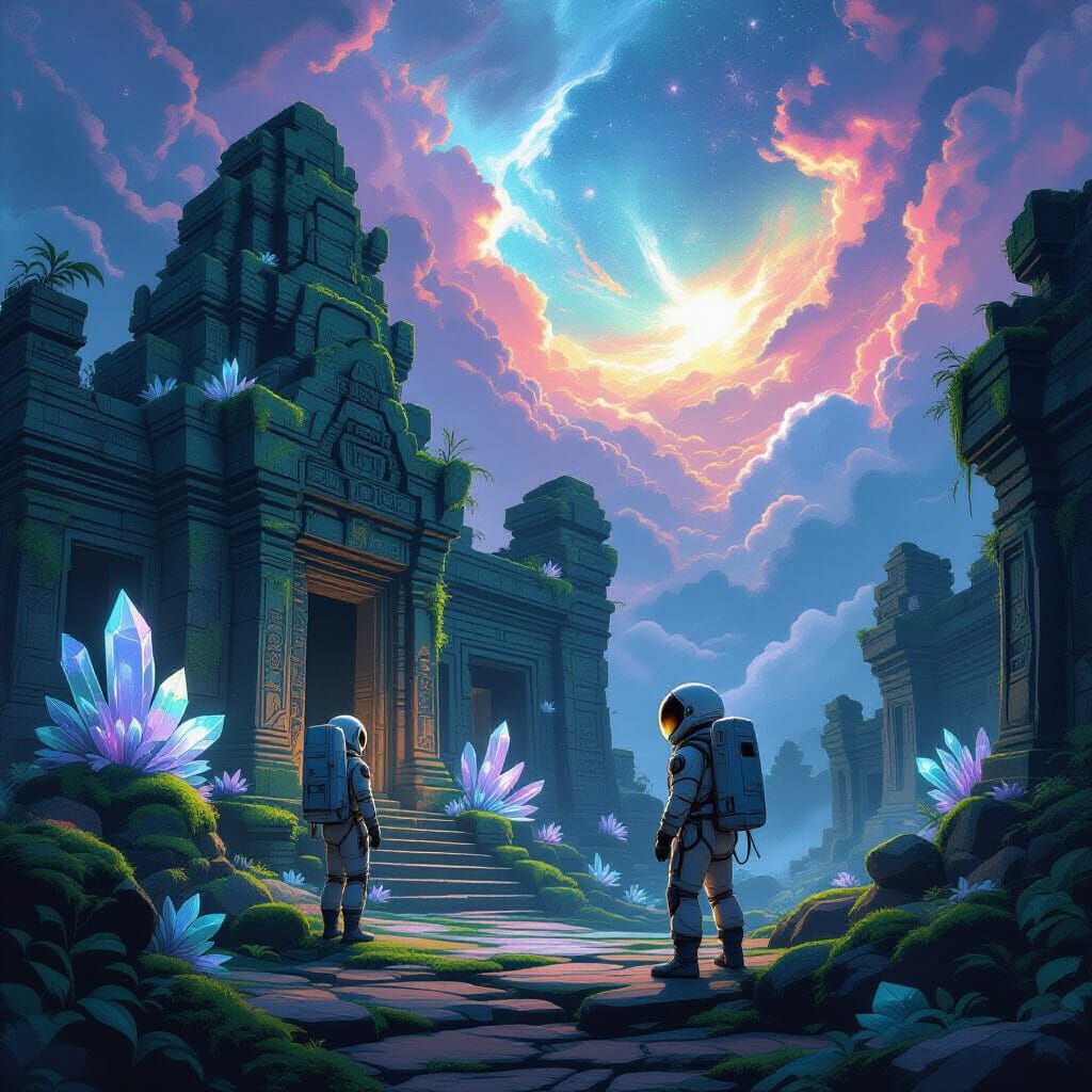 Astronaut Discovers Alien Temple Amidst Luminescent Flora
