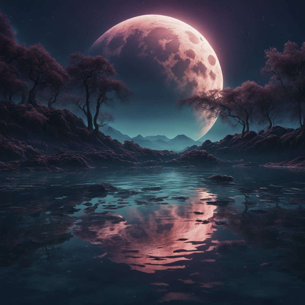 Large Crescent Moon Reflects on Water Floor in Digital Matte...