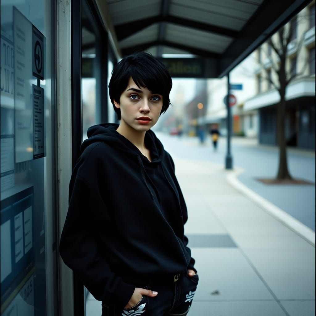 Woman at Bus Stop in Wong Kar-wai Style