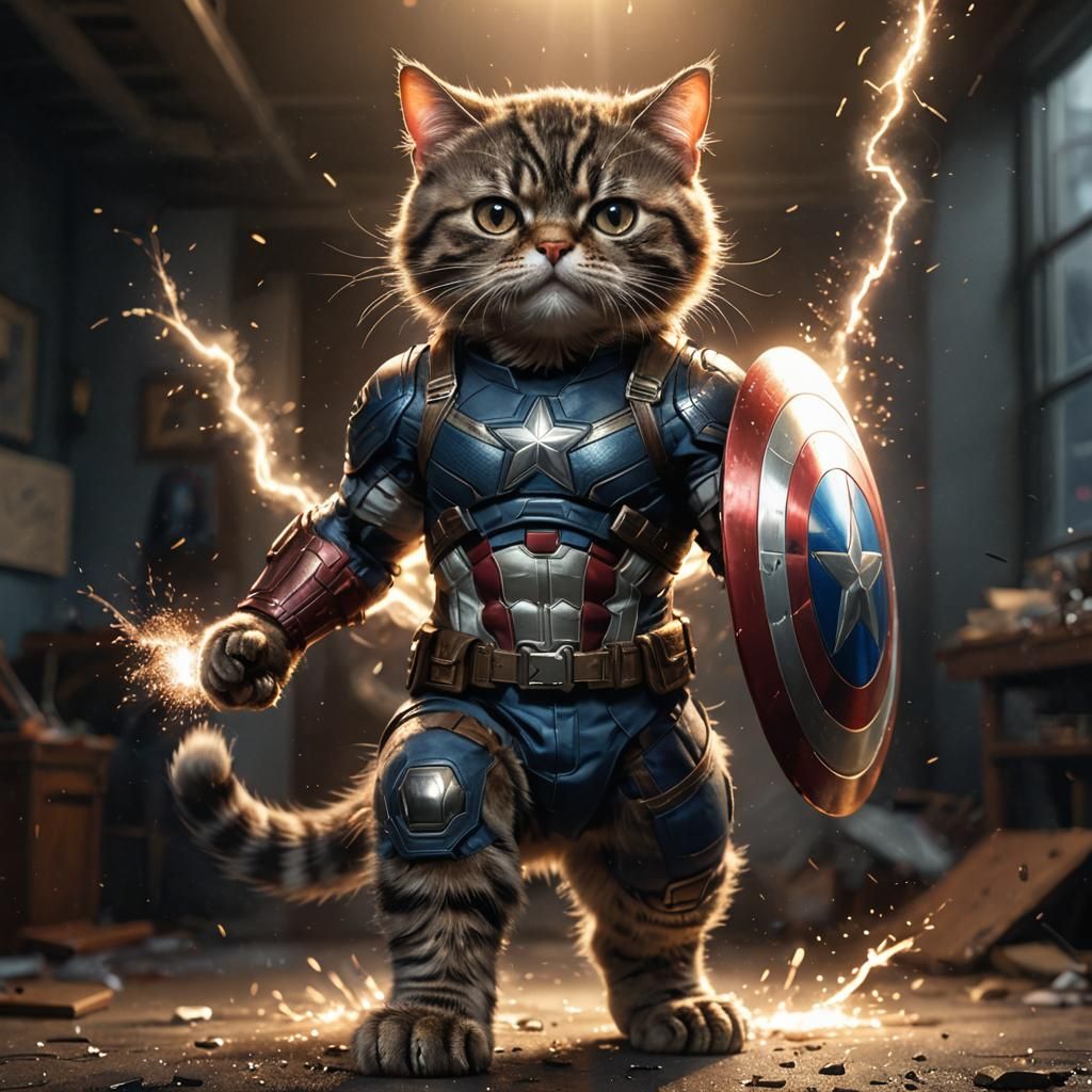 Cat Captain America with Magical Shield