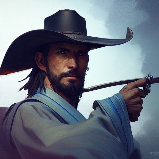 Hyperdetailed Cowboy Samurai Portrait in Triadic Colors