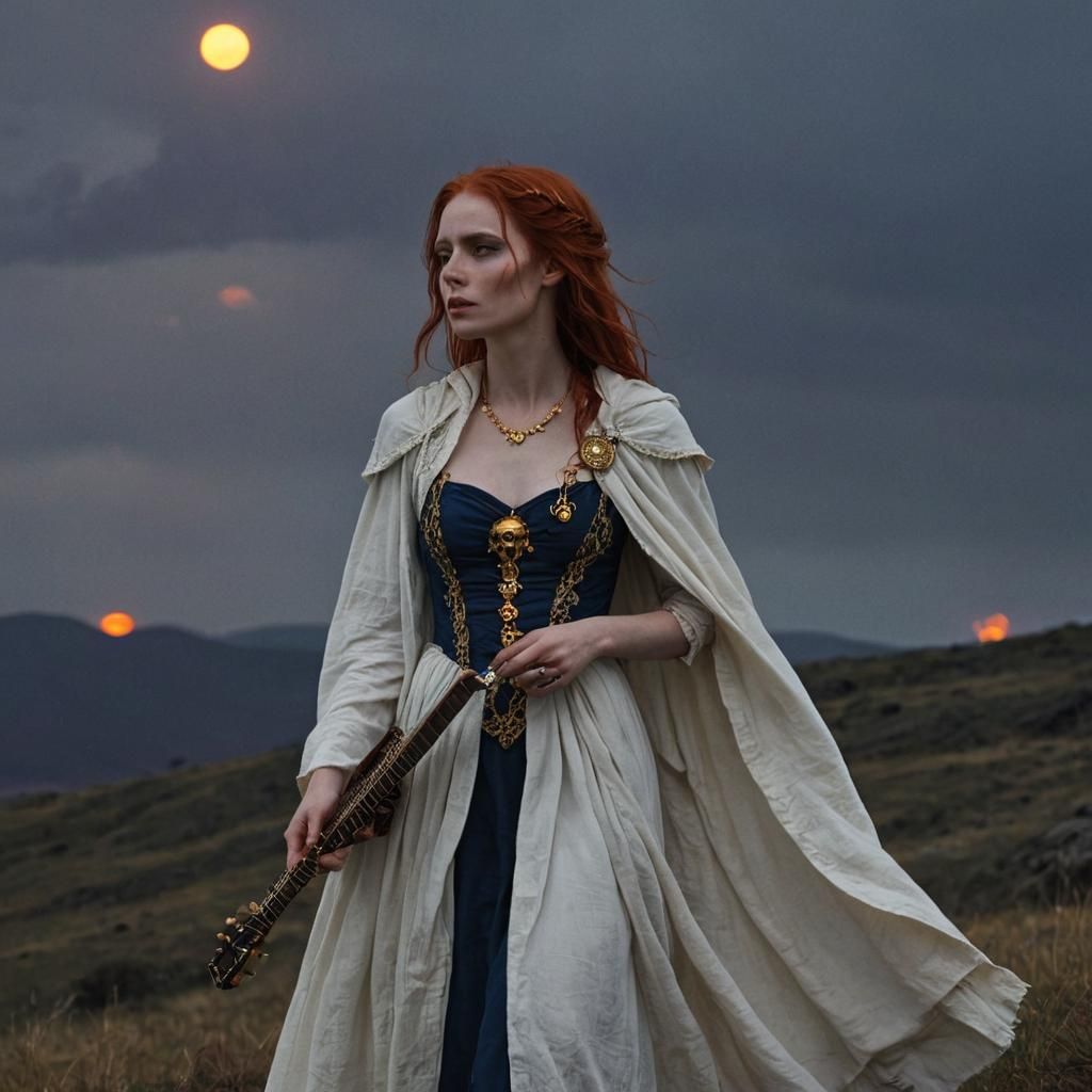 Fiery Haired Girl Playing Lute: Matte Painting