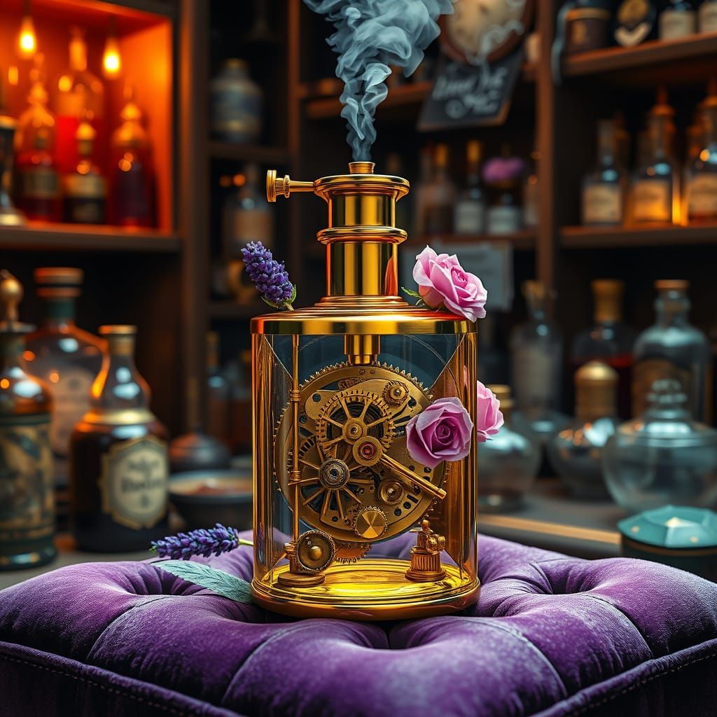 A steampunk-inspired perfume atomizer crafted from polished ...