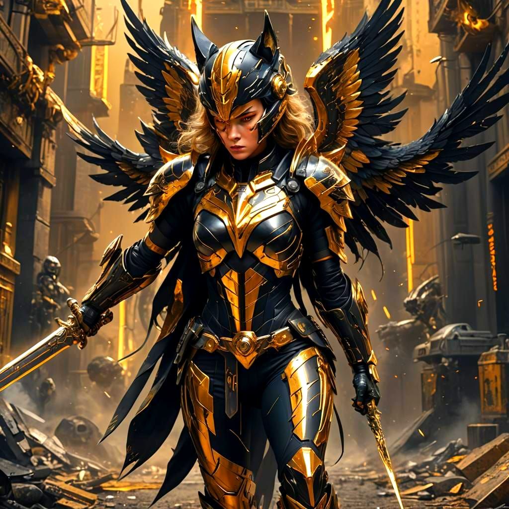 Cybernetic Wolf Superheroine in Gold Suit, Digital Art