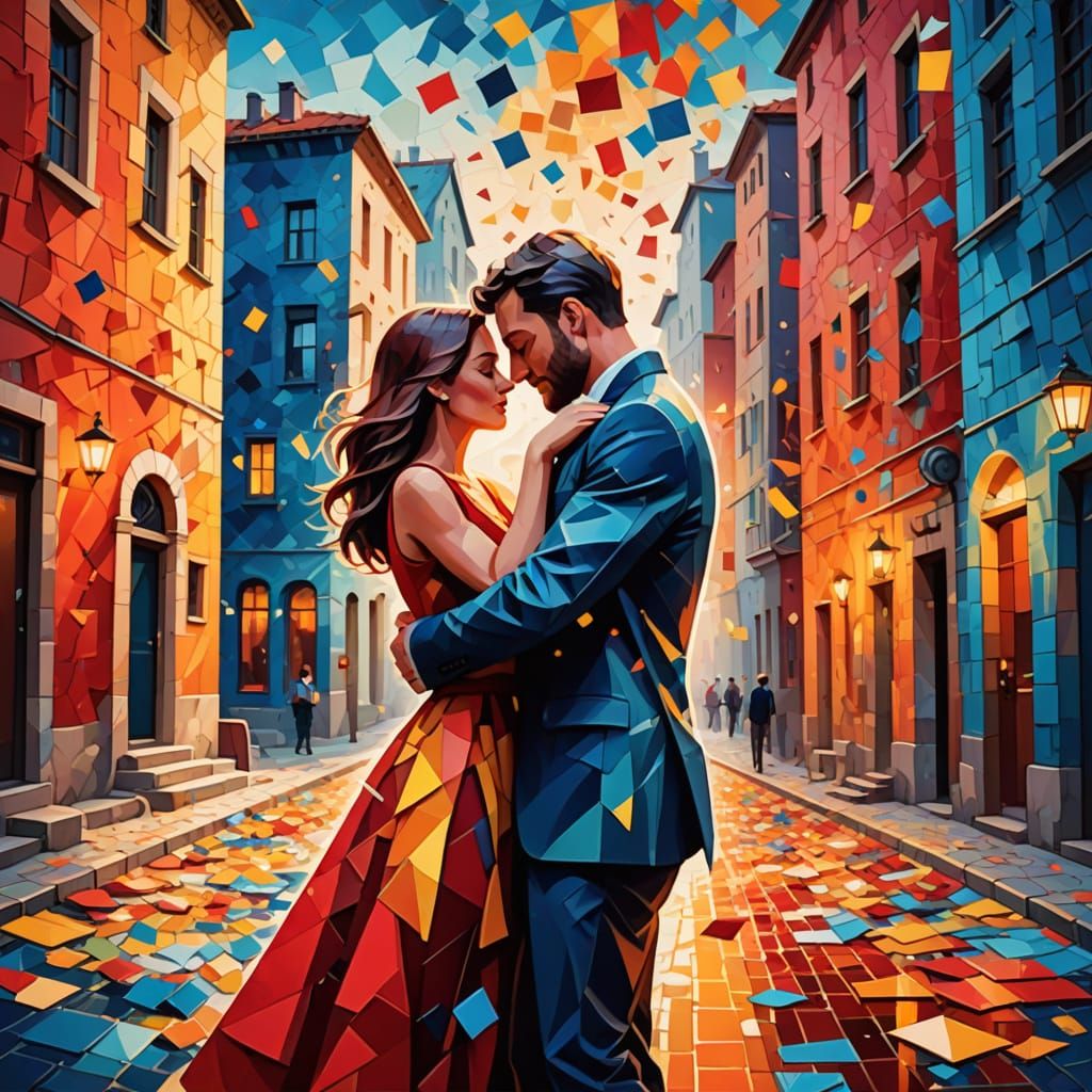 Vibrant Cubist Masterpiece of Embracing Lovers