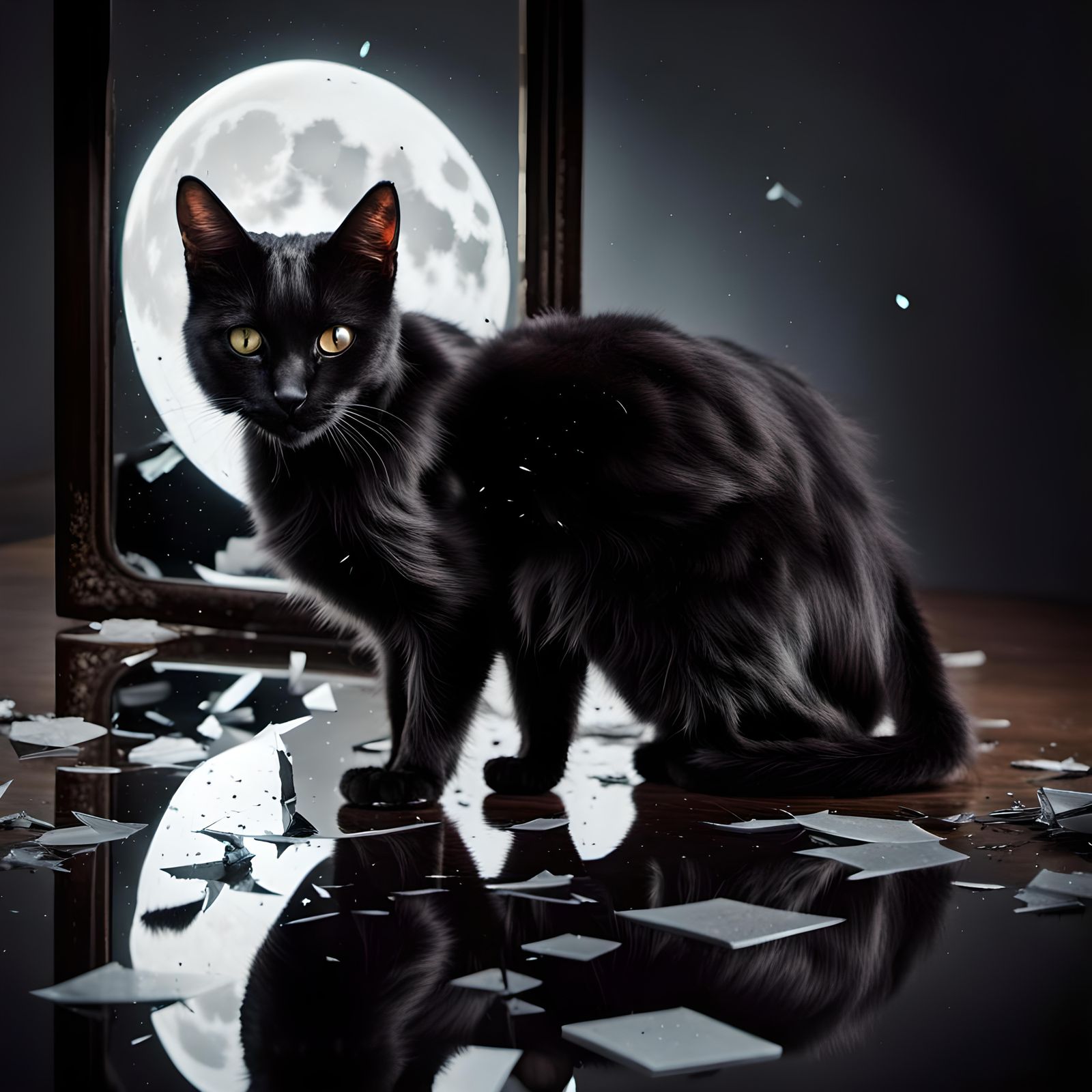 Eerie Reflections: Black Cat and Broken Mirror