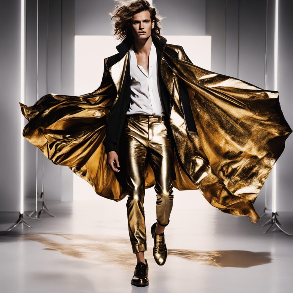 Male model with sun-bronzed skin, surfer-style shaggy hair, ...