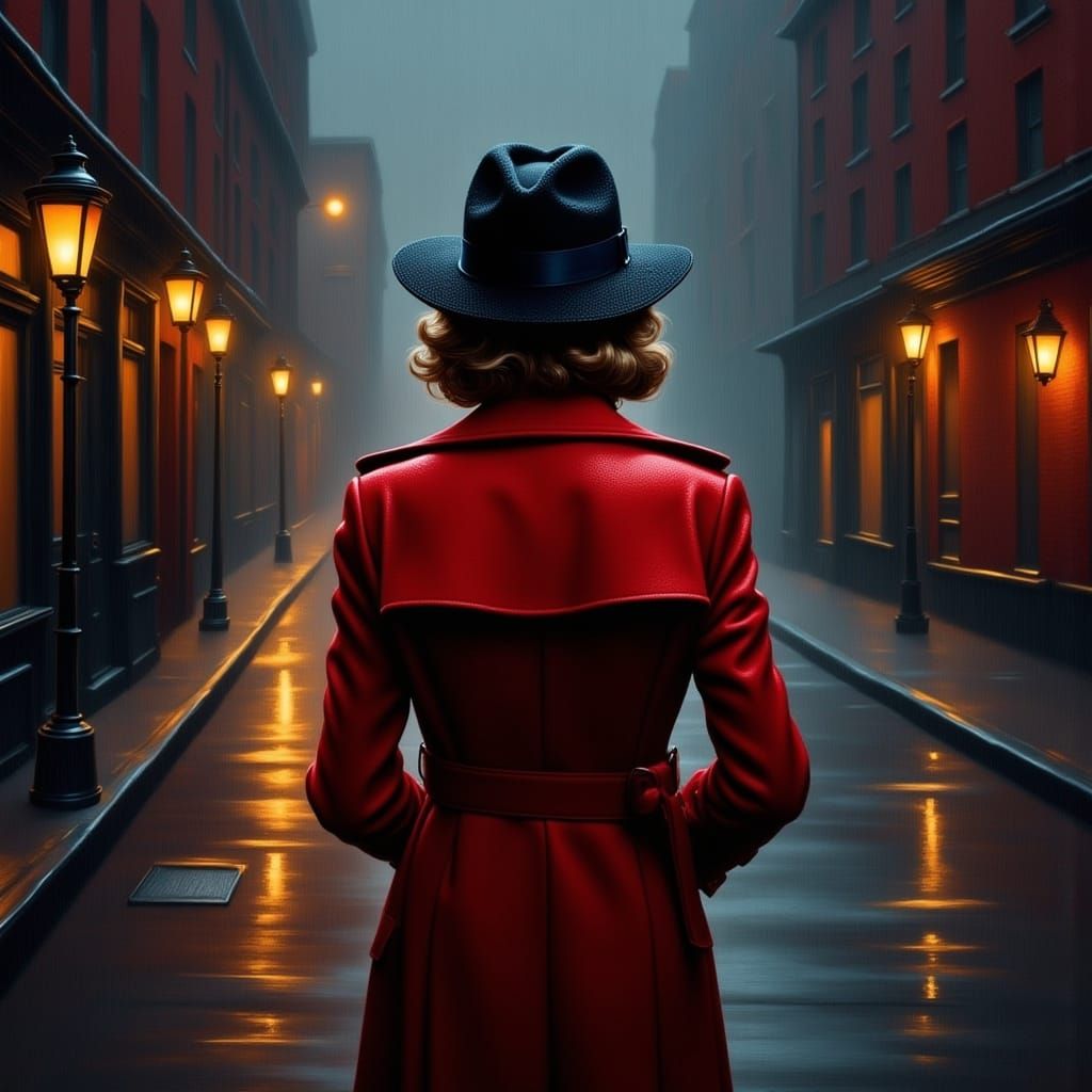 Mysterious Woman Strolls Down Rainy Street in Film Noir Styl...