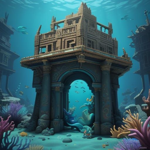 Mermaids Apocalyptic underwater ancient egyption scene with mermaids swimming through temple scene is rendered in the vi...