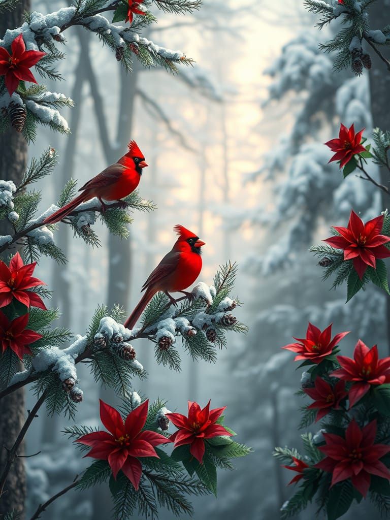 Serene Christmas Forest with Red Cardinals in a Winter Wonde...