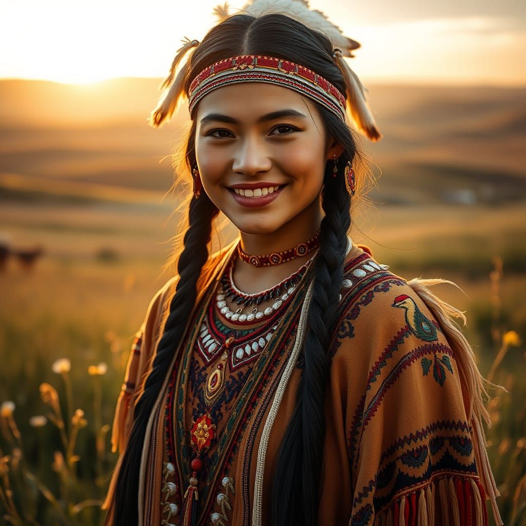 Native American Woman in Traditional Regalia on the Plains