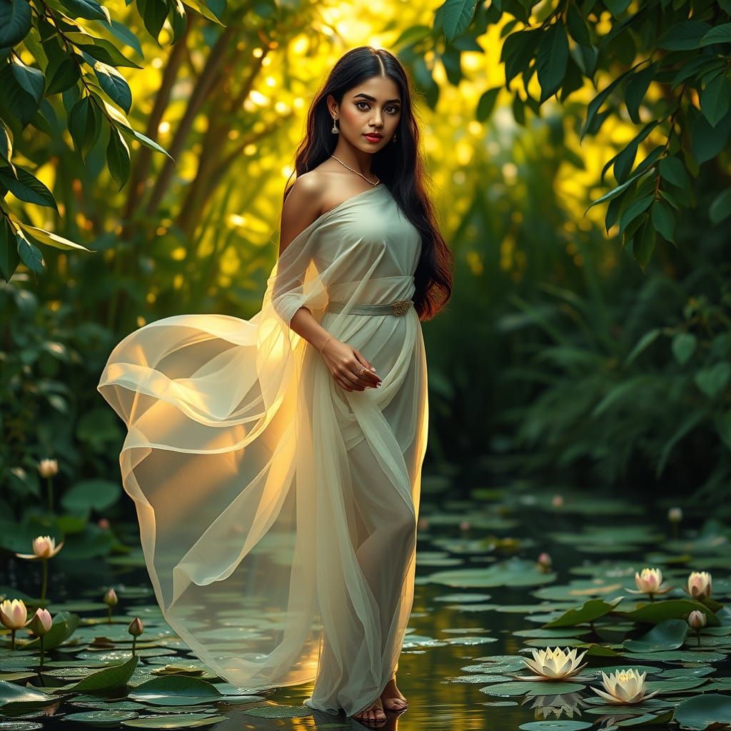 Ethereal Tamil Beauty Amidst Lush Waterlily Pond