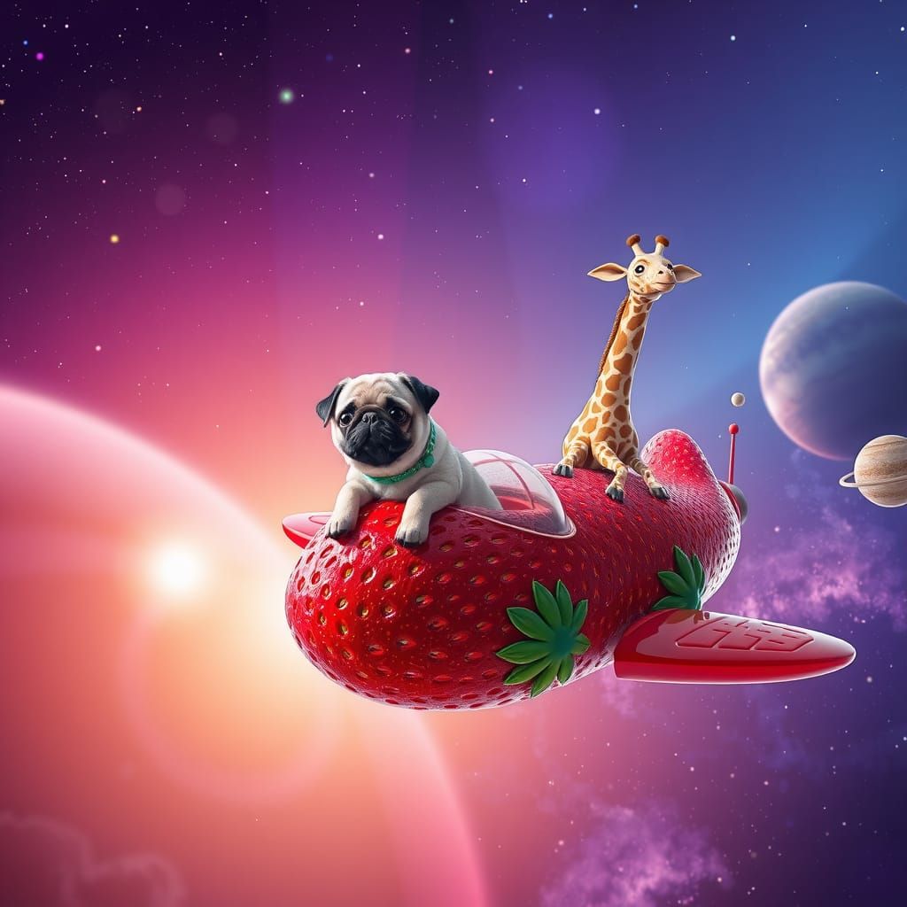 Strawberry Spaceship Adventure with Pug and Giraffe