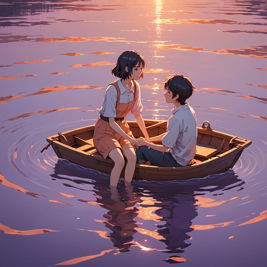 Romantic Anime Scene of Couple in Boat