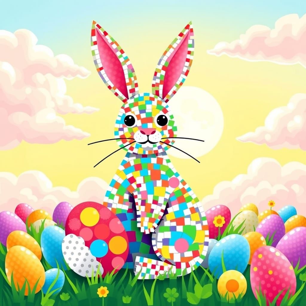 Vibrant Easter Bunny Portrait in Pixelated Mosaic Style