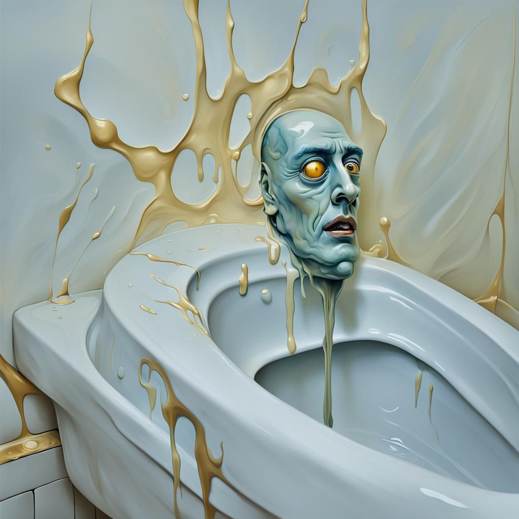 Surreal Head Emerges from Toilet, Dali-esque Oil Painting