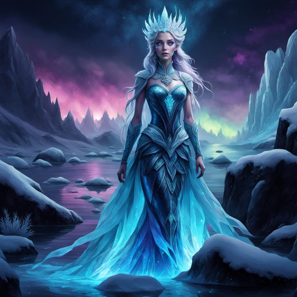 Dark Frost Mermaid in Crystal Snow beneath Aurora Borealis