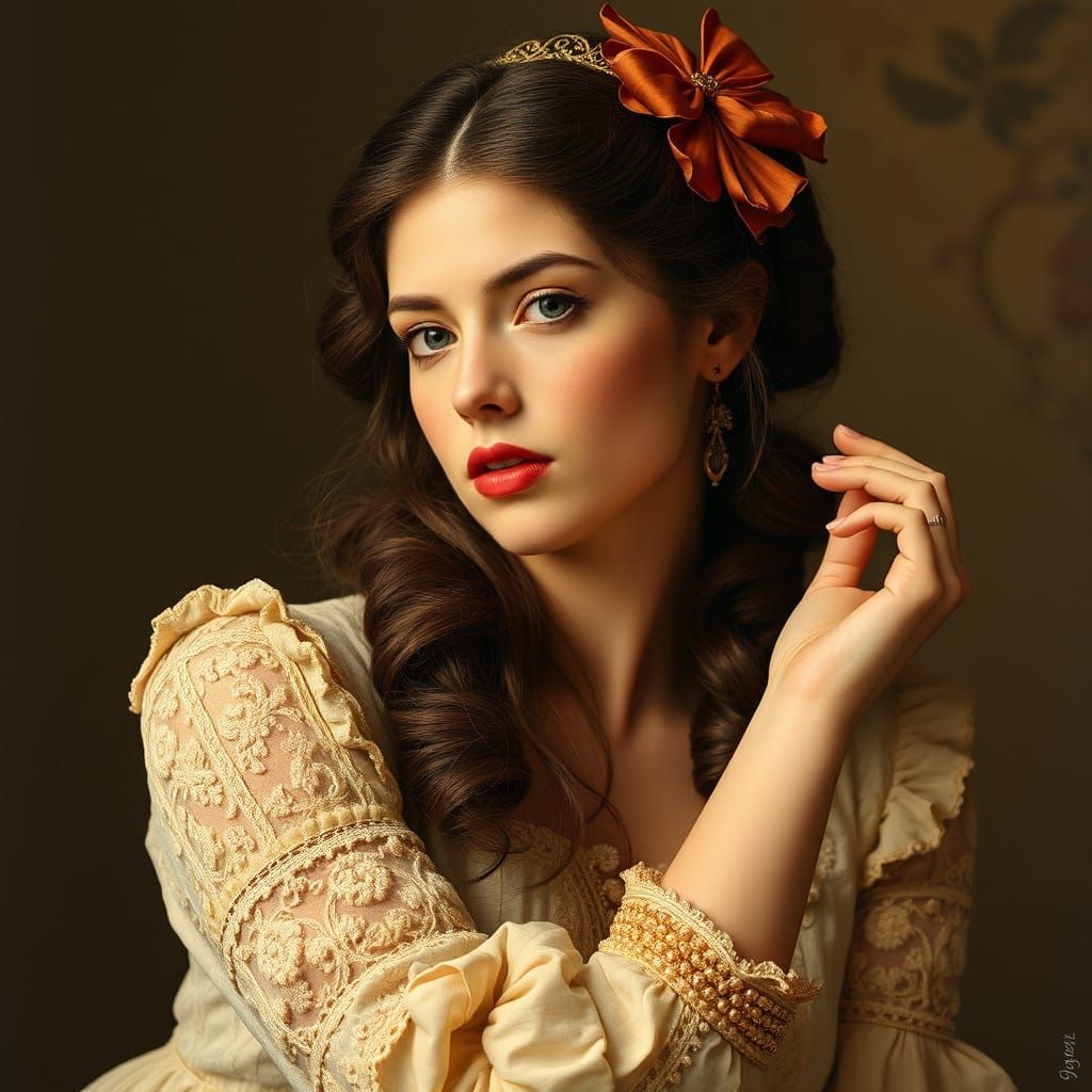 Edwardian Lady Contemplates Herself in Whimsical Woodcut Sty...