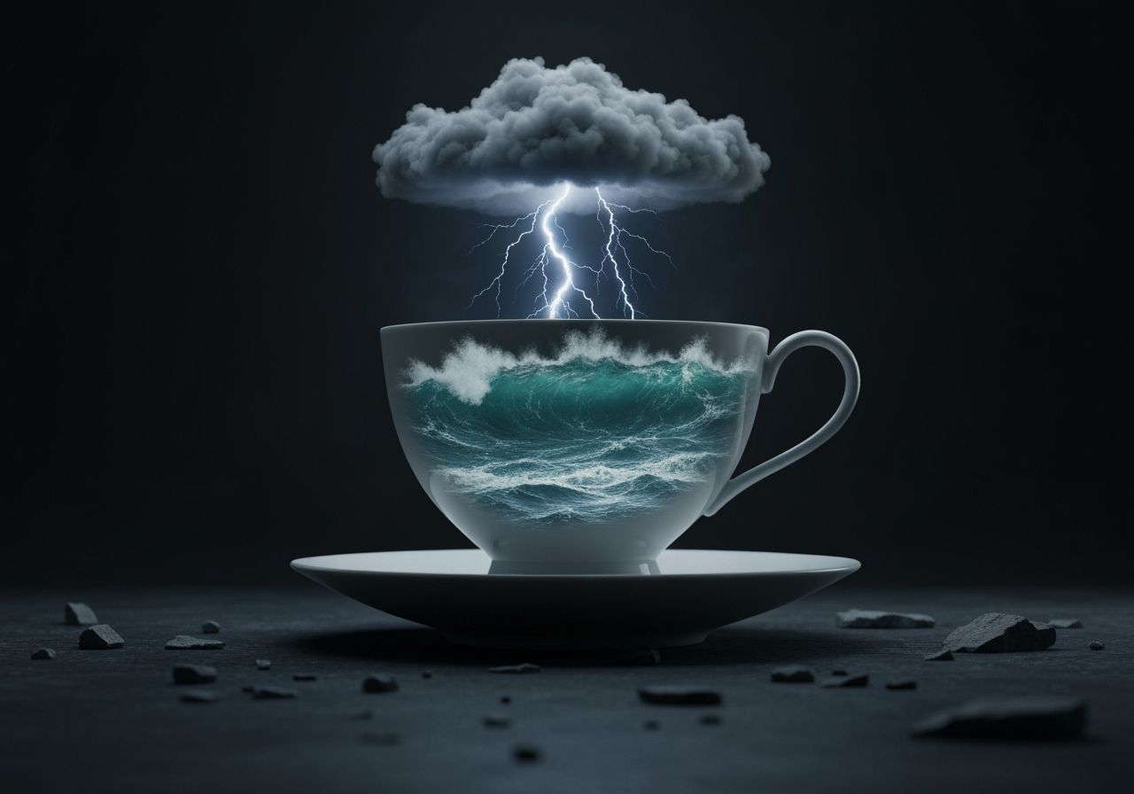 Stormy Sea Contained in Teacup: Cinematic 3D Render
