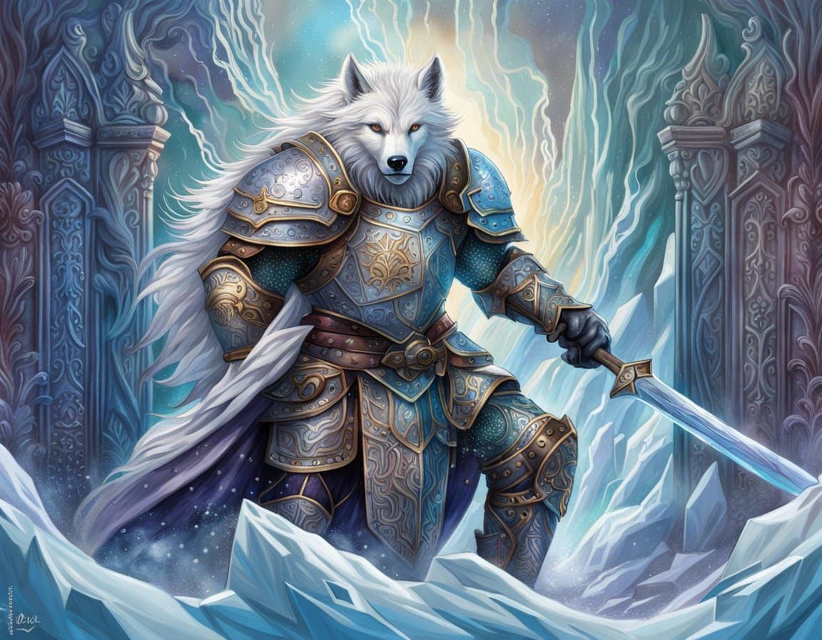 Iced Wolf Knight in Hyperrealistic Pastel Colors