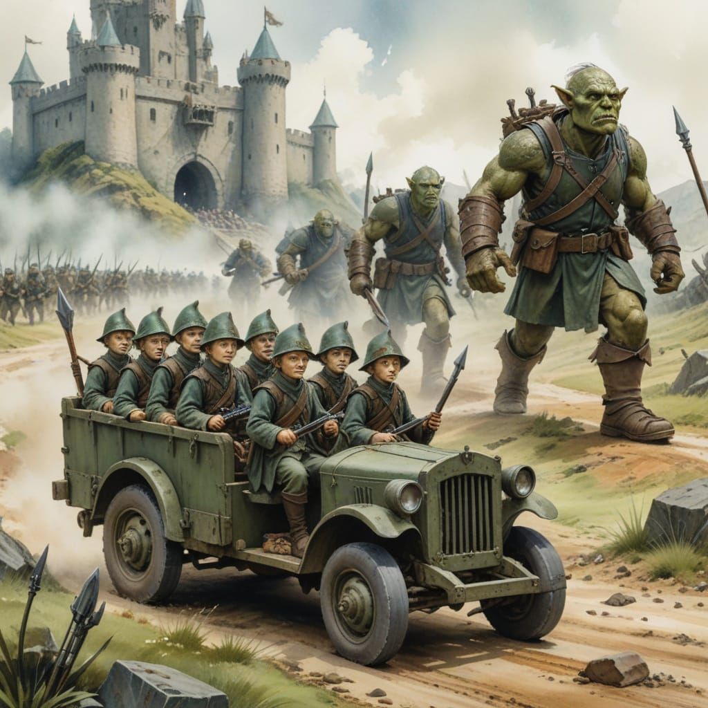 Hobbit Soldiers & Orcs on Battlefield, Watercolor